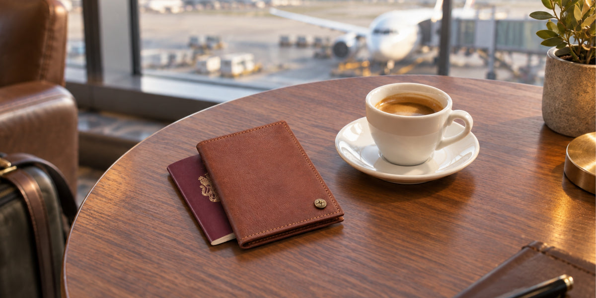 Reisepasshülle Pete aus Leder auf einem Reisepass in einer Flughafenlounge