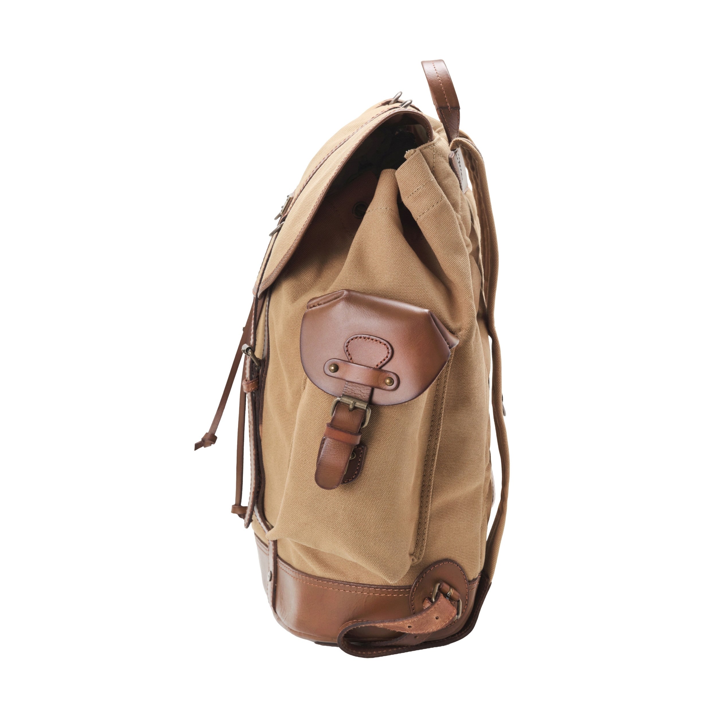 Klassischer Wanderrucksack im alpinen Vintagedesign, Khaki-Beige, Nato, bzw. Retro Bergsteiger Rucksack, handgefertigt aus Baumwoll-Canvas mit Echtleder Elementen, Design-Ikone - Seite