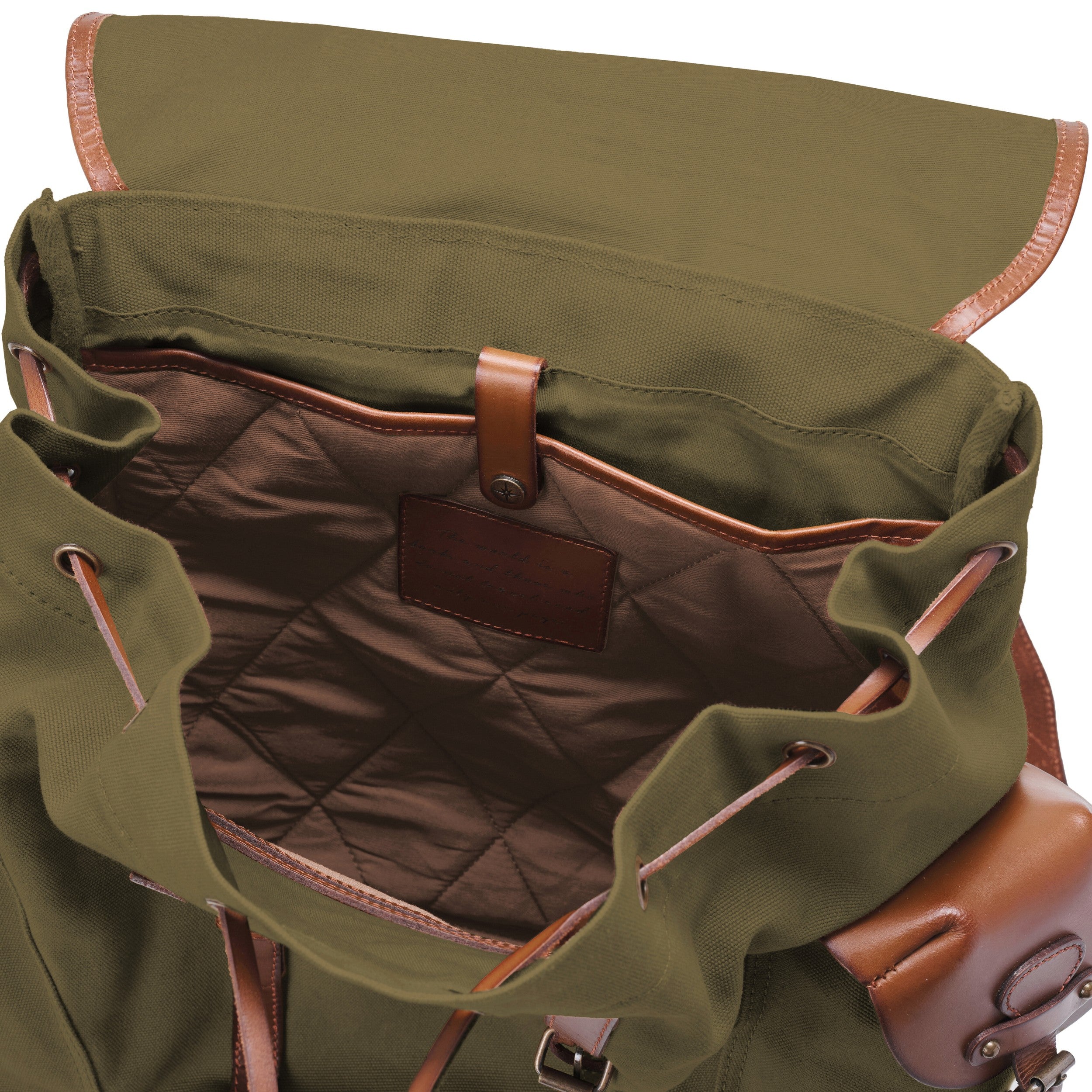 Klassischer Wanderrucksack im alpinen Vintagedesign, Oliv-Grün, Nato, bzw. Retro Bergsteiger Rucksack, handgefertigt aus Baumwoll-Canvas mit Echtleder Elementen, Design-Ikone - Innen Laptopfach