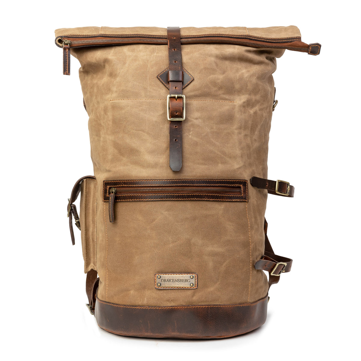 Duffel-Rucksack Dale in Khaki-Sand, Frontansicht mit Rolltop und Reißverschlusstasche