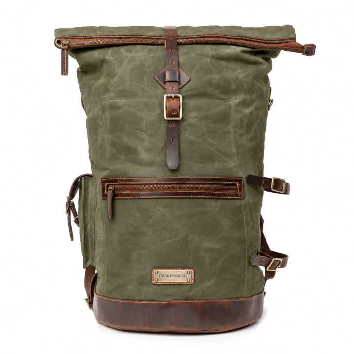 Sac à dos Duffel Dale Vert Forêt, vue de face avec rolltop et poche zippée