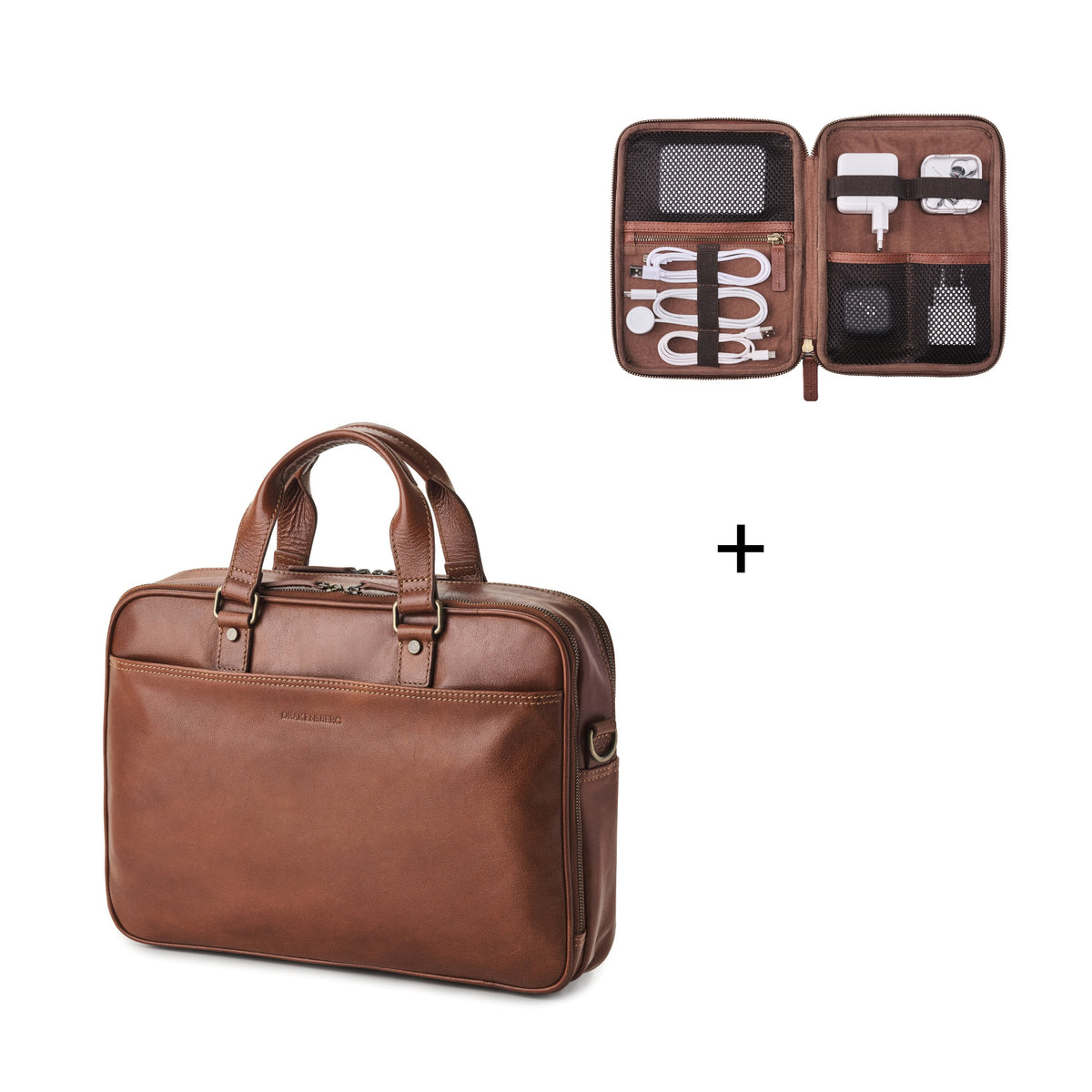 Briefcase »Aurelio« & Cable Organiser »Porto« – Chestnut Brown – two-piece leather set