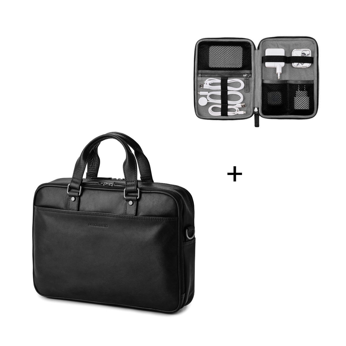 Briefcase »Aurelio« & Cable Organiser »Porto« – Black – two-piece leather set