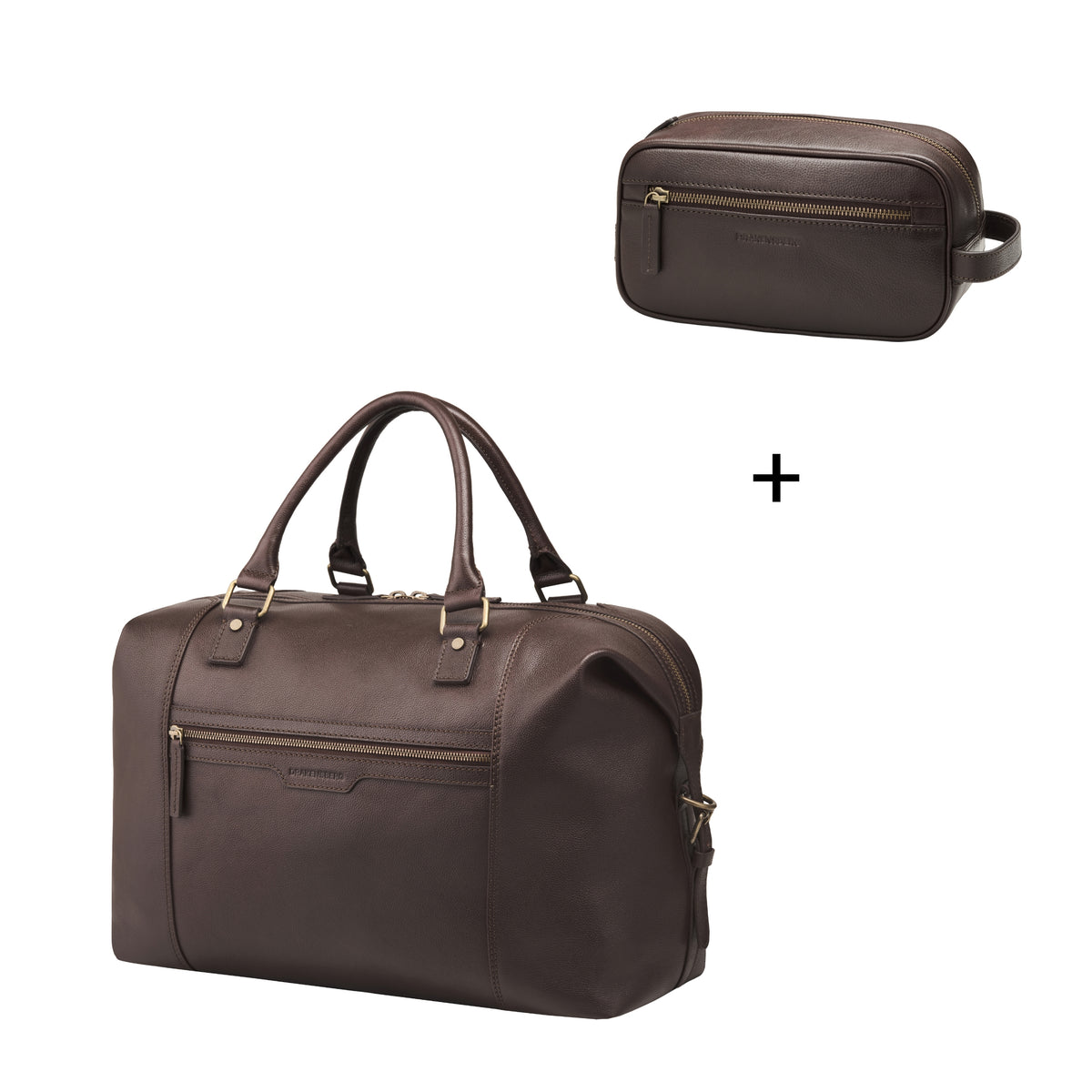 Sac week-end »Marcello« & Trousse de toilette »Dino« – Marron chocolat – ensemble de deux pièces en cuir