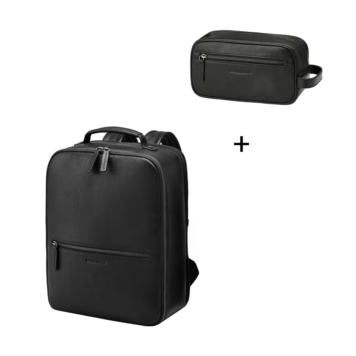 Rucksack »Armando« & Kulturbeutel »Dino« – Schwarz – Set aus zwei Lederartikeln
