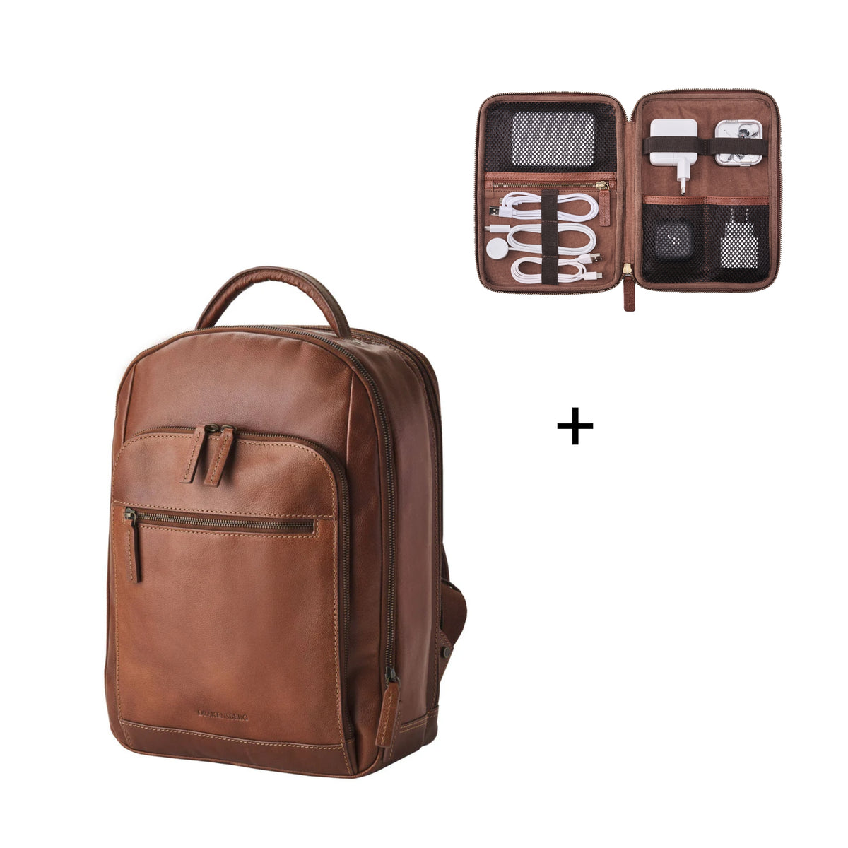 Backpack »Frederico« & Cable Organiser »Porto« – Chestnut Brown – two-piece leather set