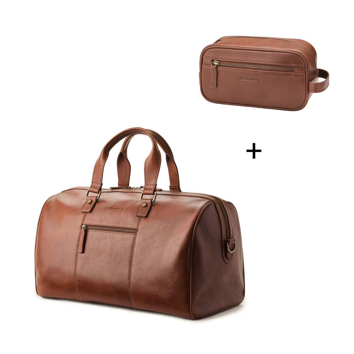 Weekender »Romeo« & Toiletry Bag »Dino« – Chestnut Brown – two-piece leather set