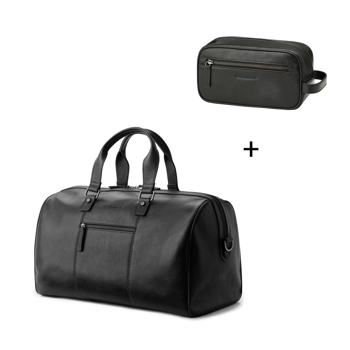 Weekender »Romeo« & Toiletry Bag »Dino« – Black – two-piece leather set