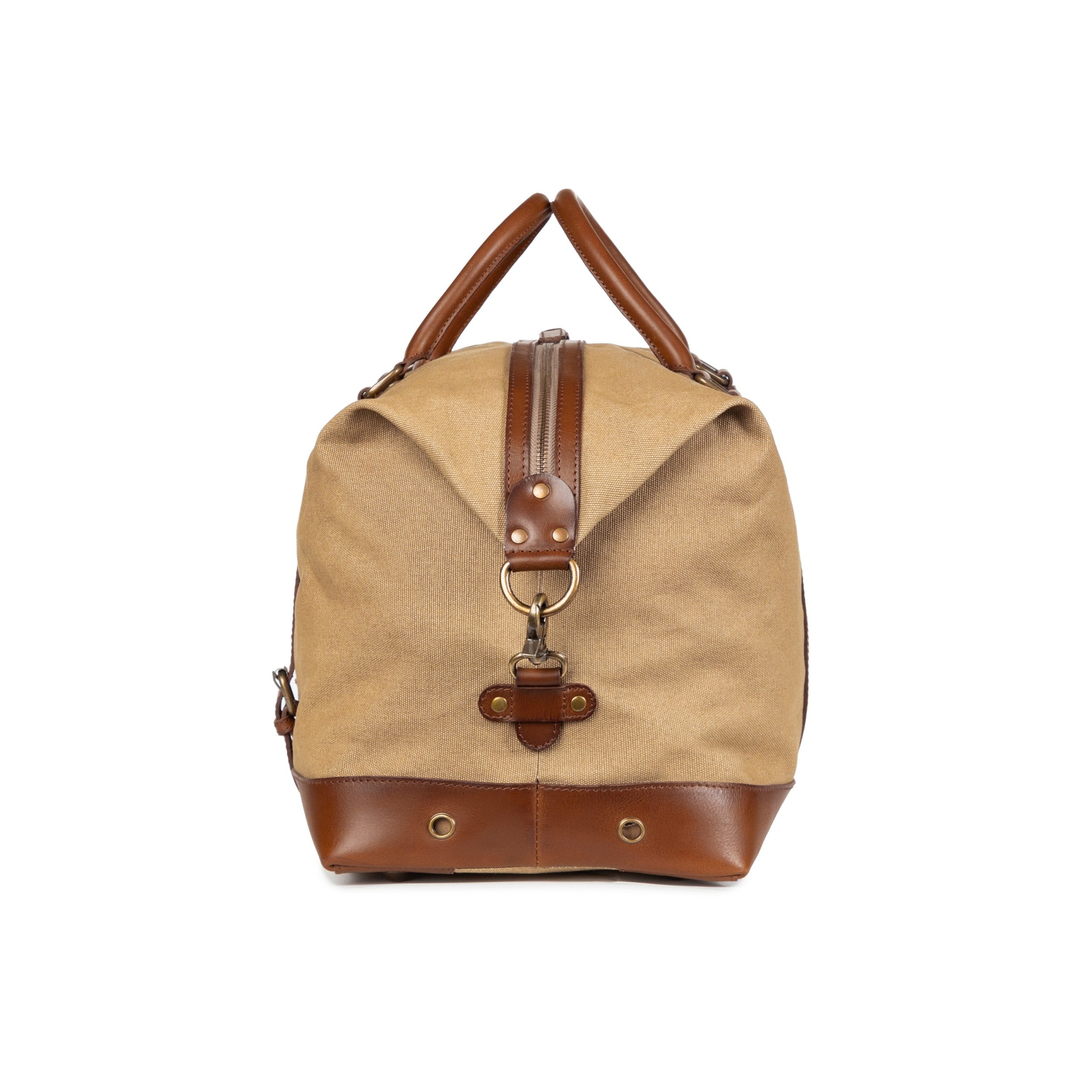 Canvas Weekender und Reisetasche Owen Khaki-Beige, wasserabweisend von DRAKENSBERG  für Herren und Damen - Seitenansicht mit großer Schnalle