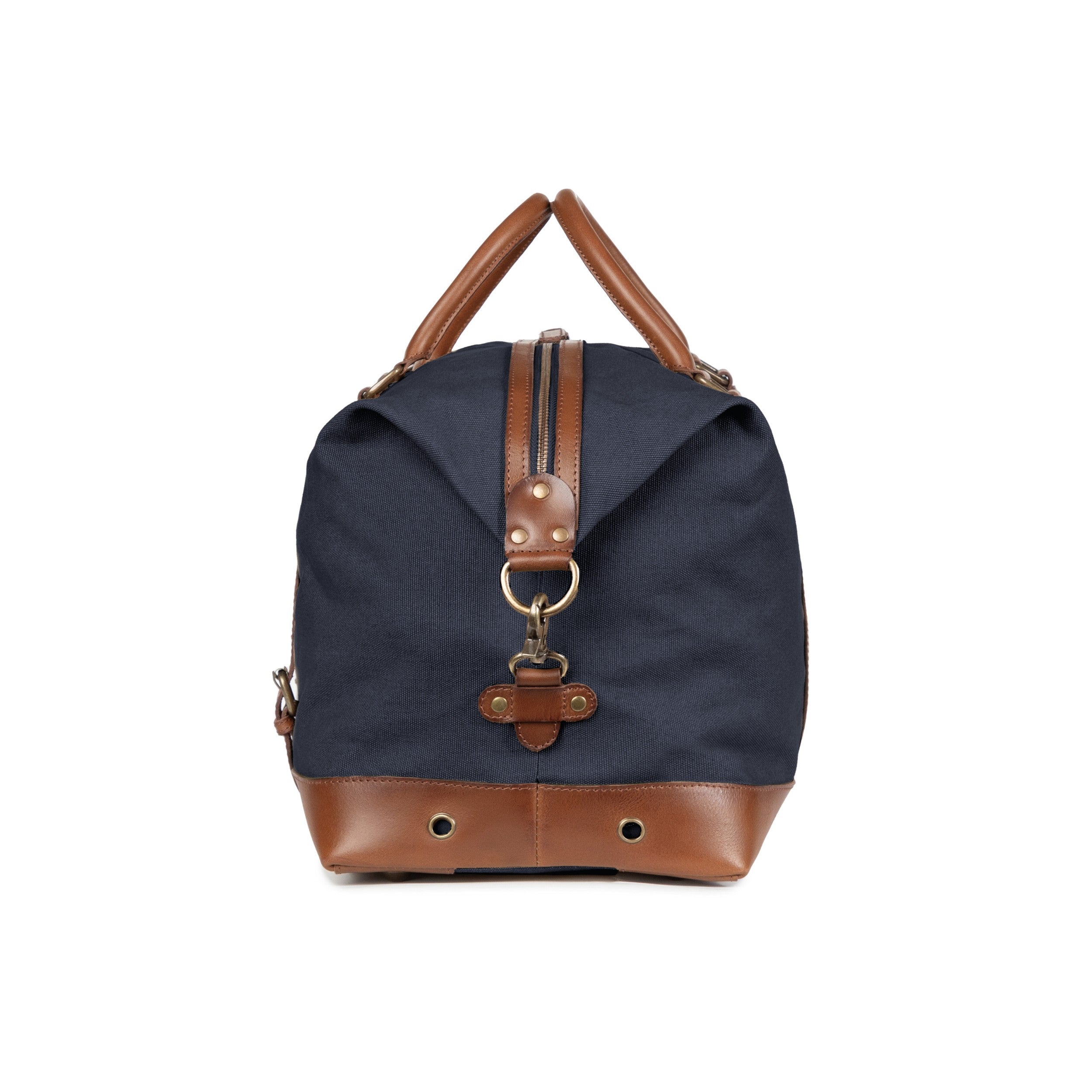 Canvas Weekender und Reisetasche Owen Marine-Blau, wasserabweisend von DRAKENSBERG  für Herren und Damen - Seitenansicht mit großer Schnalle