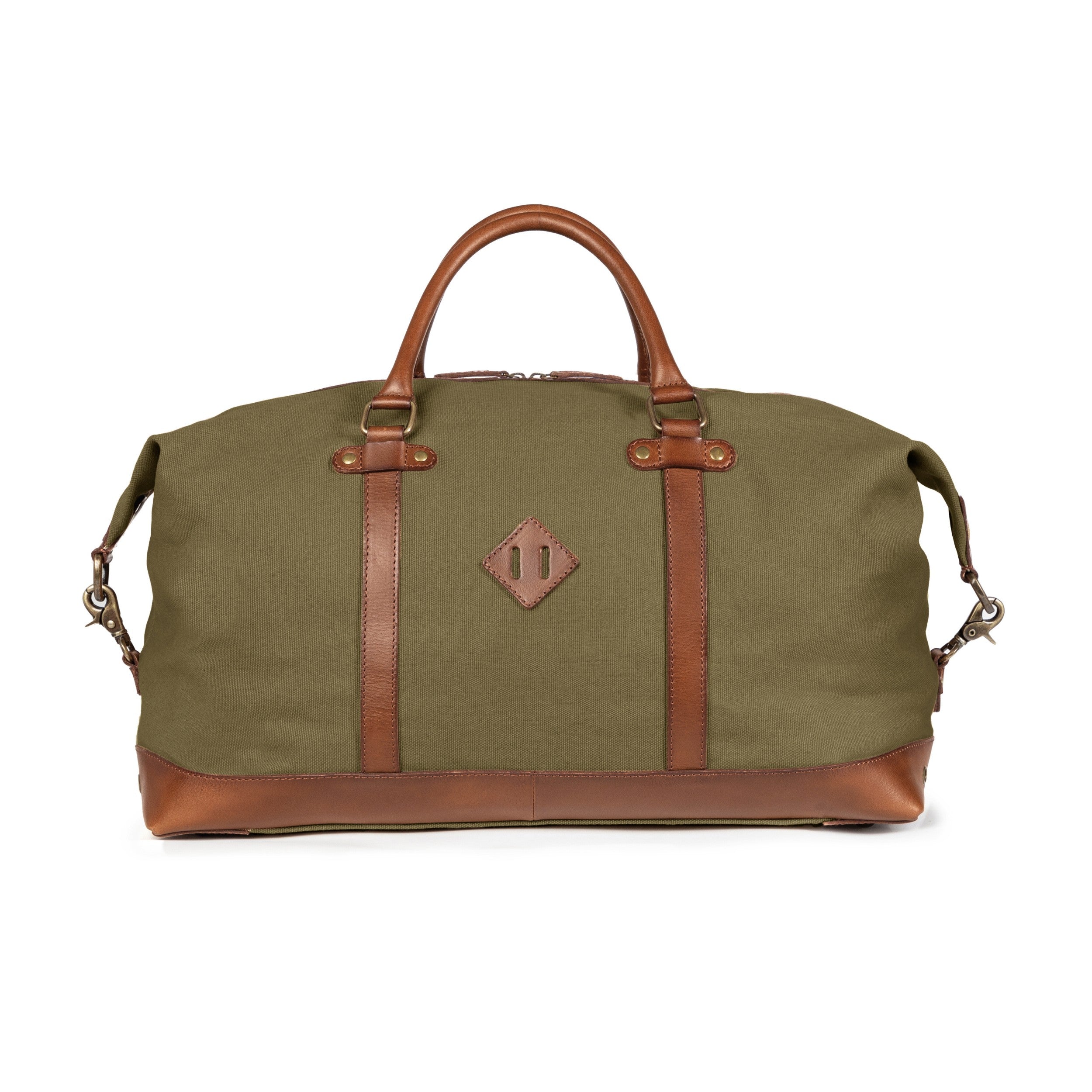 Canvas Weekender und Reisetasche Owen Oliv-Grün, wasserabweisend von DRAKENSBERG  für Herren und Damen - Rückseite mit Leder-Elementen 