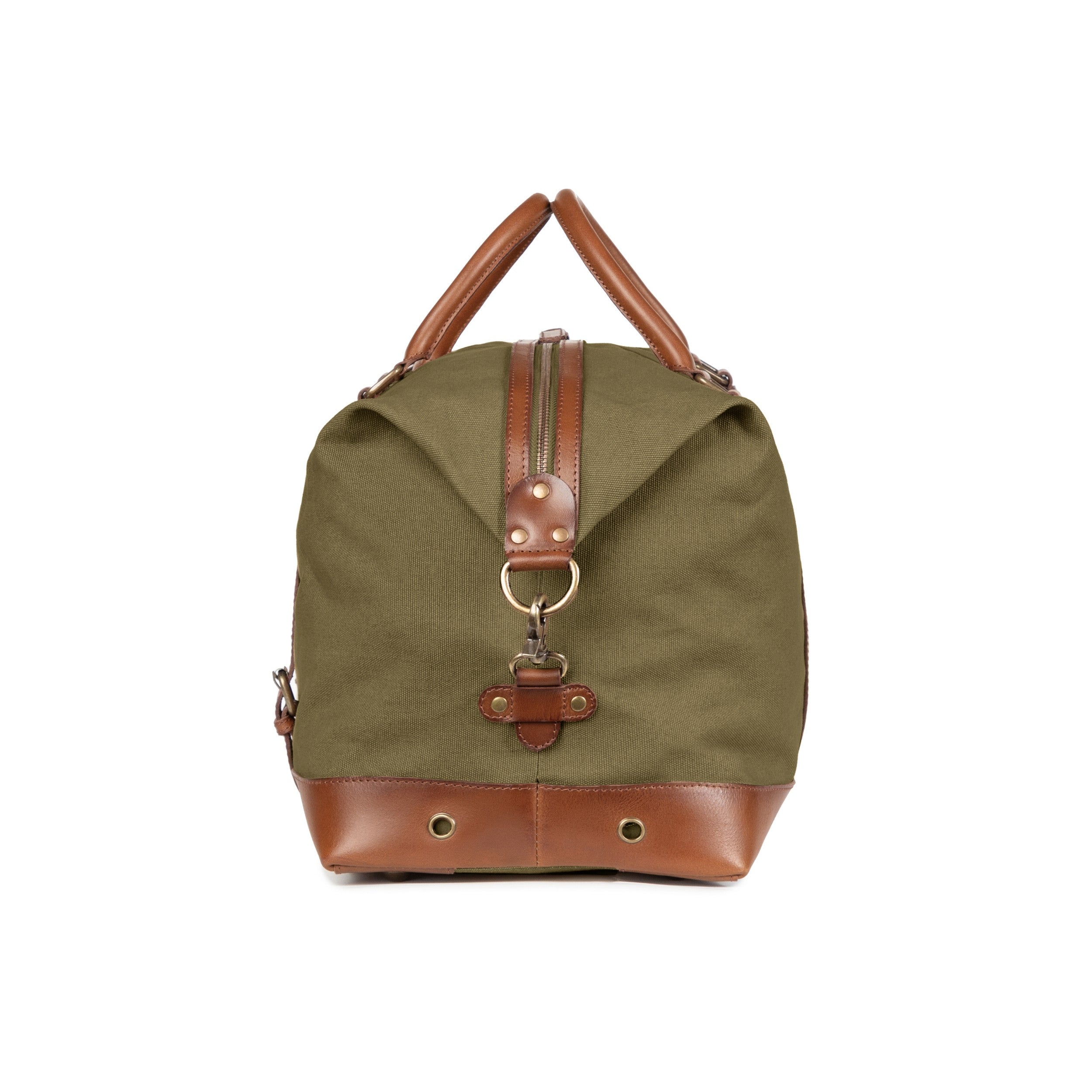 Canvas Weekender und Reisetasche Owen Oliv-Grün, wasserabweisend von DRAKENSBERG  für Herren und Damen - Seitenansicht mit großer Schnalle