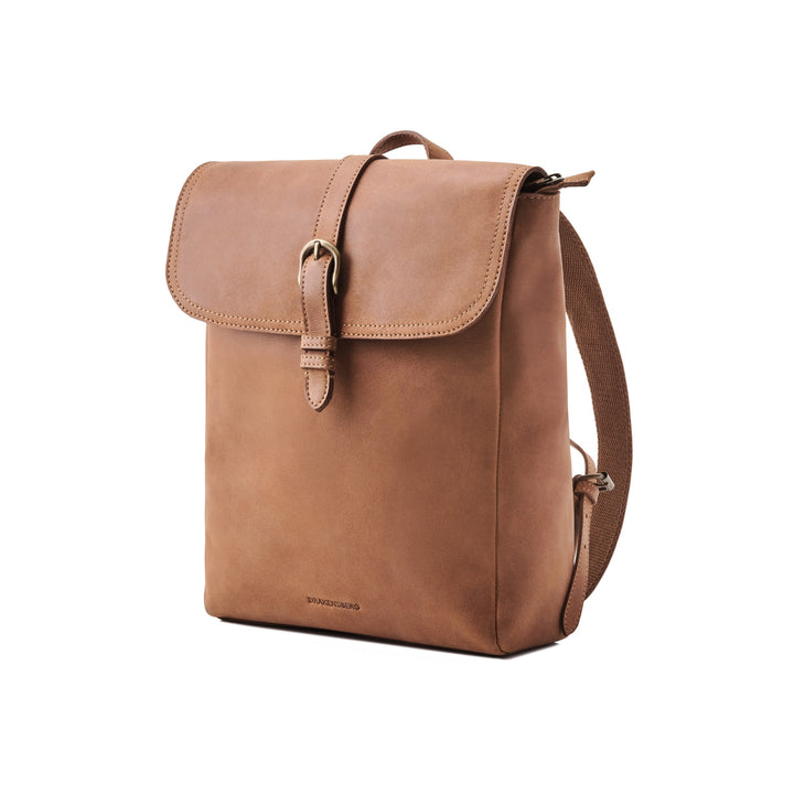 Tara leather backpack in Cognac-Brown – three-quarter view