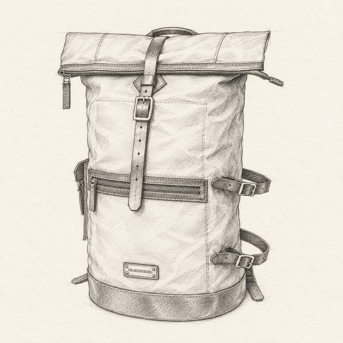 Handgezeichnete Produktskizze des Duffel-Rucksacks Dale mit Rolltop und Lederriemen