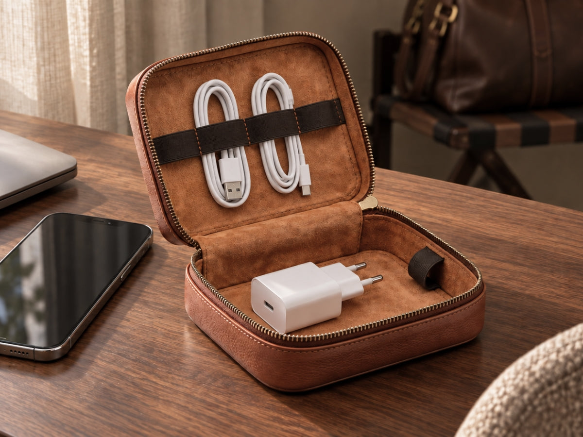 Pochette pour câbles en cuir marron ouverte, avec câbles de recharge et accessoires sur un bureau