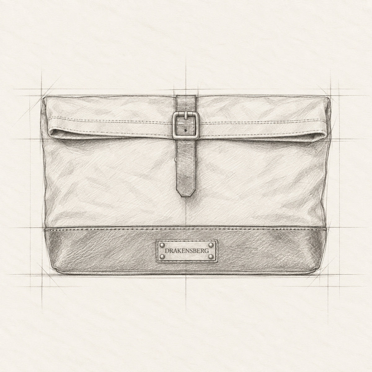 Konstruktionszeichnung des Rolltop-Kulturbeutels Otis aus gewachstem Canvas und Leder