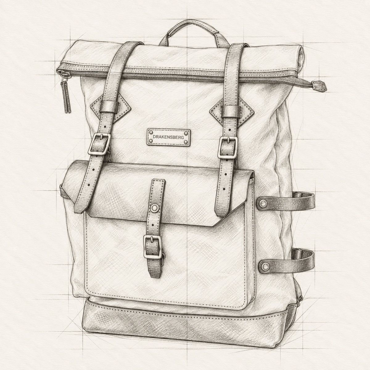Handgezeichnete Konstruktionsskizze des Rolltop-Rucksacks Adam mit Cargotasche und Lederriemen.