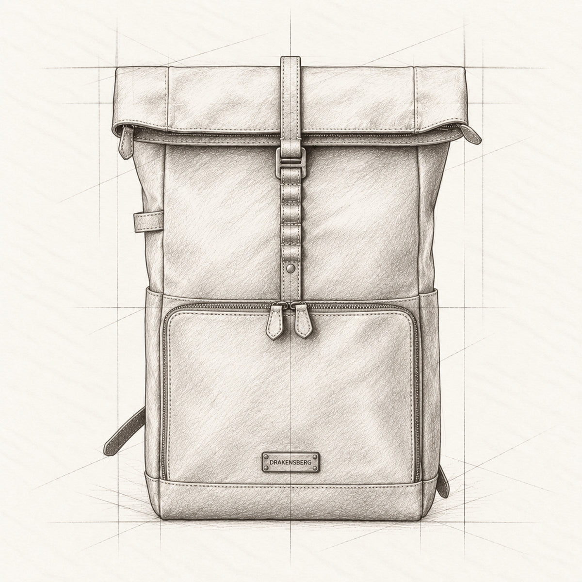 Frontale Konstruktionszeichnung des Rolltop-Laptop-Rucksacks Arthur mit Frontfach