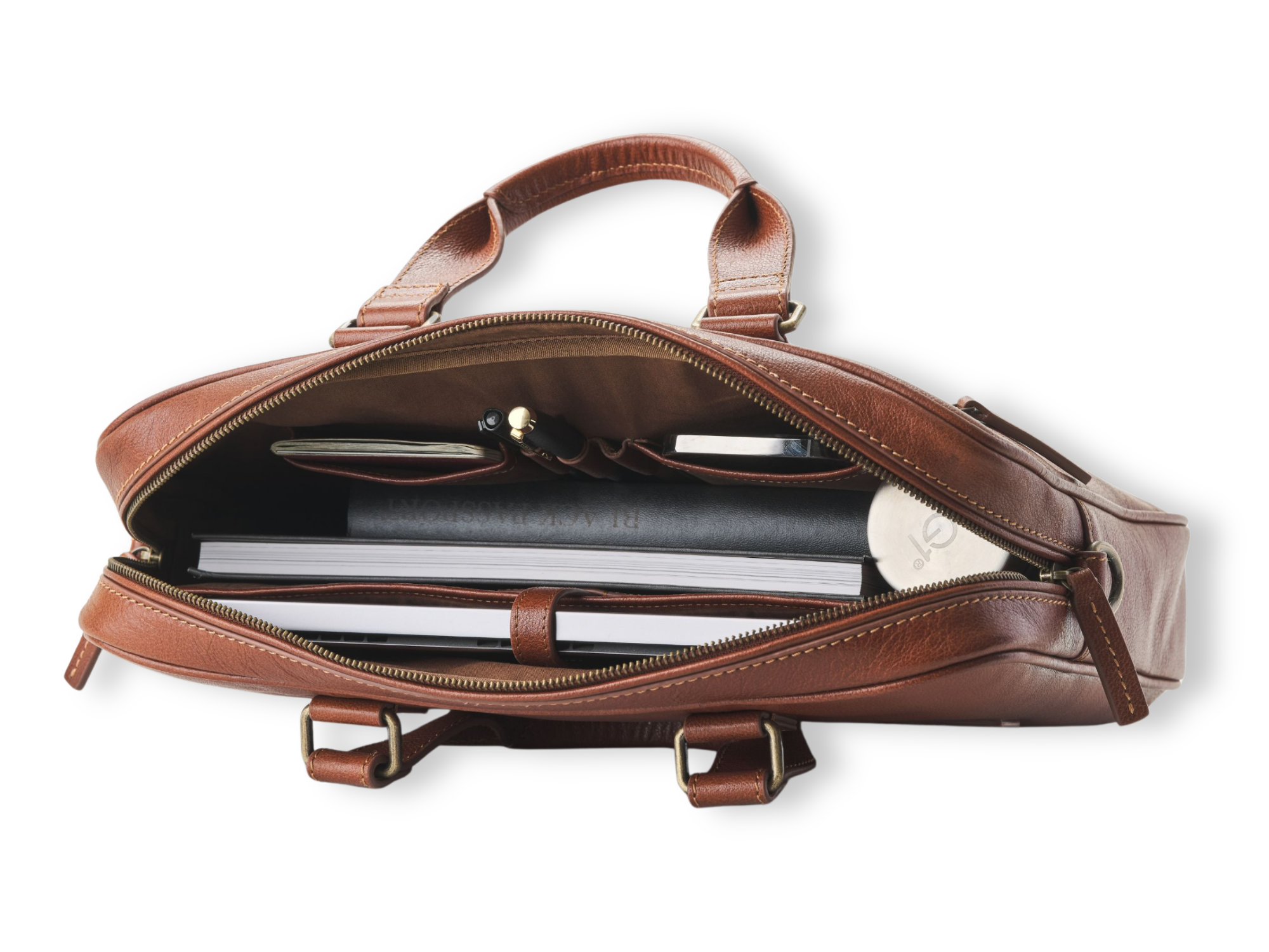 Innenraum der Aktentasche Marlon mit gepolstertem Laptopfach, Steckfächern und Stifthaltern