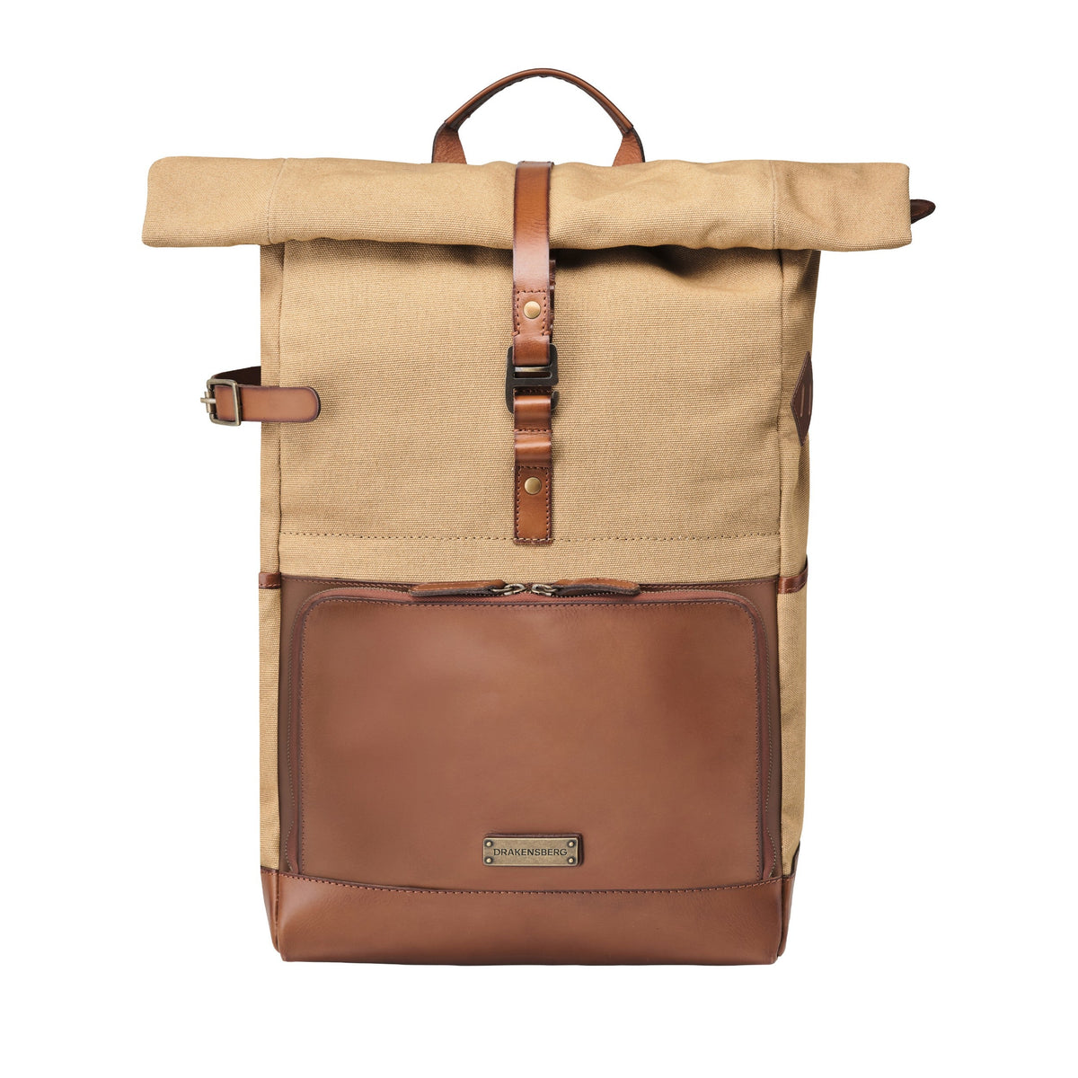Sac à dos ordinateur Arthur en toile et cuir Beige kaki – vue de face avec rolltop et poche avant