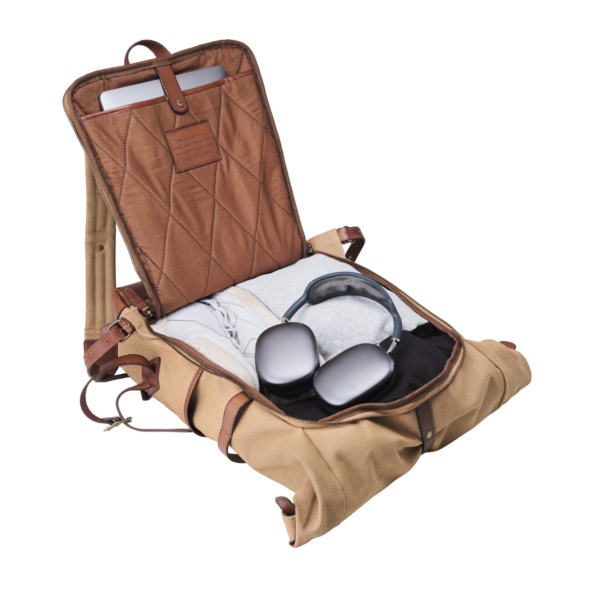 Sac à dos ordinateur Arthur en toile et cuir Beige kaki – ouverture type valise avec compartiment principal rempli