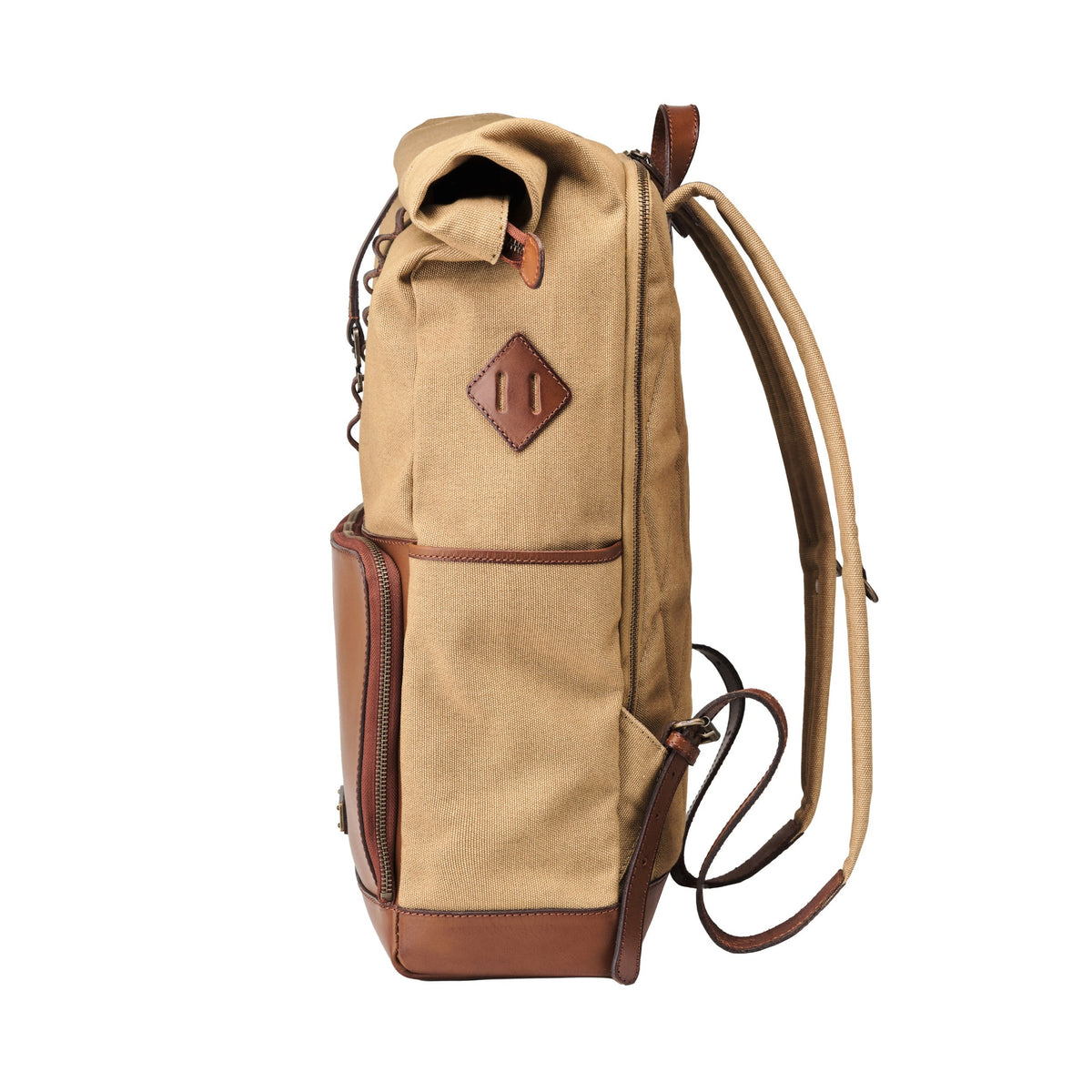 Sac à dos ordinateur Arthur en toile et cuir Beige kaki – vue de côté avec poche pour gourde et bretelles