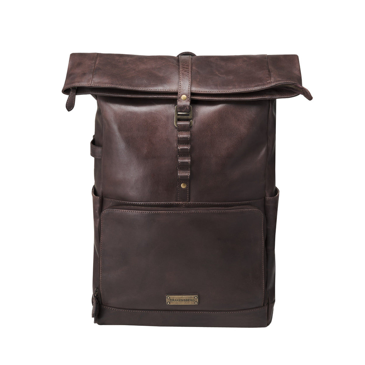 Arthur leather laptop backpack in Coffee Brown – front view with rolltop and front pocket