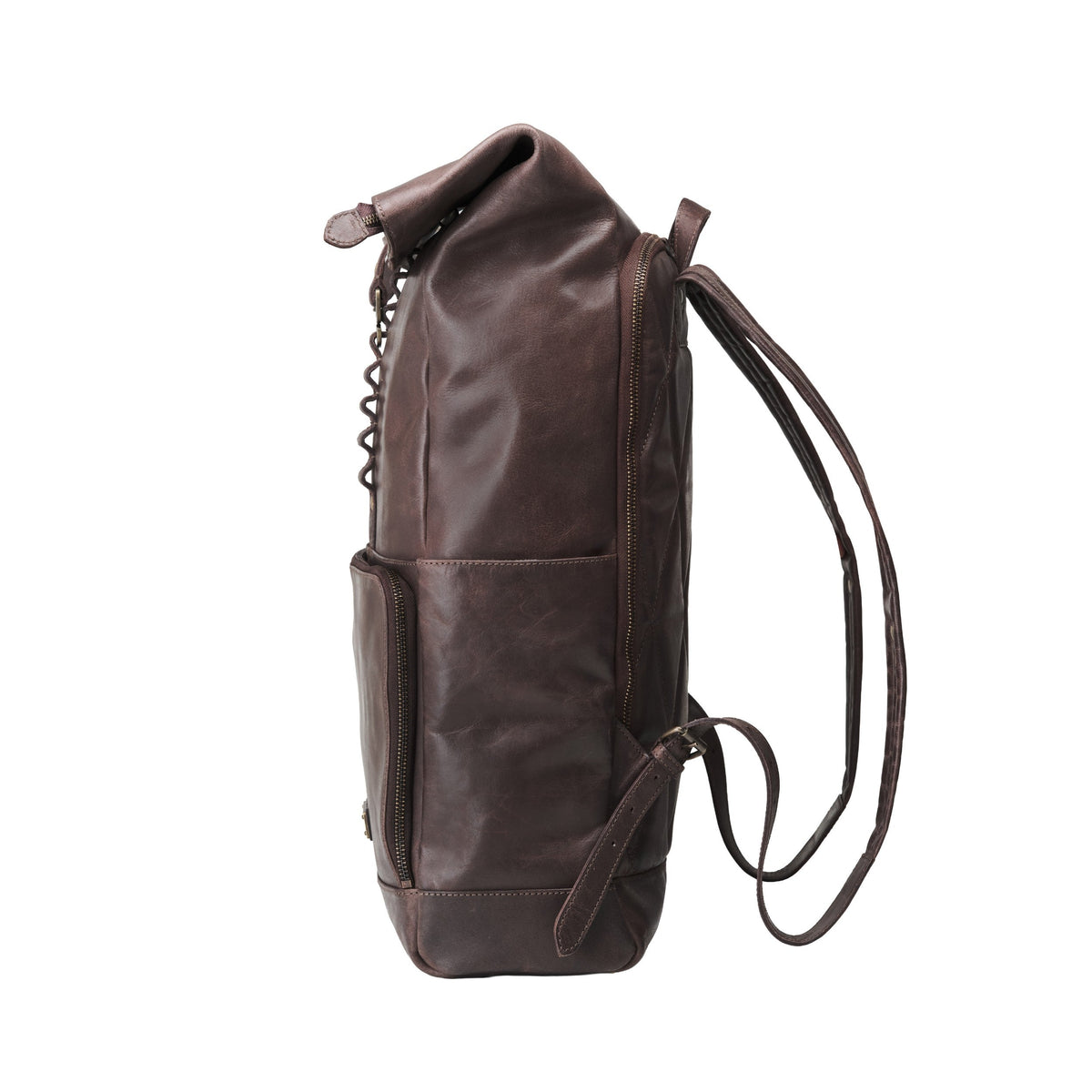 Arthur leather laptop backpack in Coffee Brown – side view with bottle pocket and shoulder straps