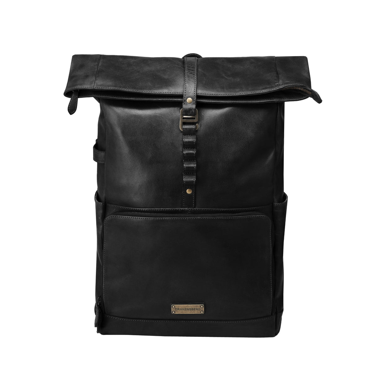 Arthur leather laptop backpack in Vintage Black – front view with rolltop and front pocket