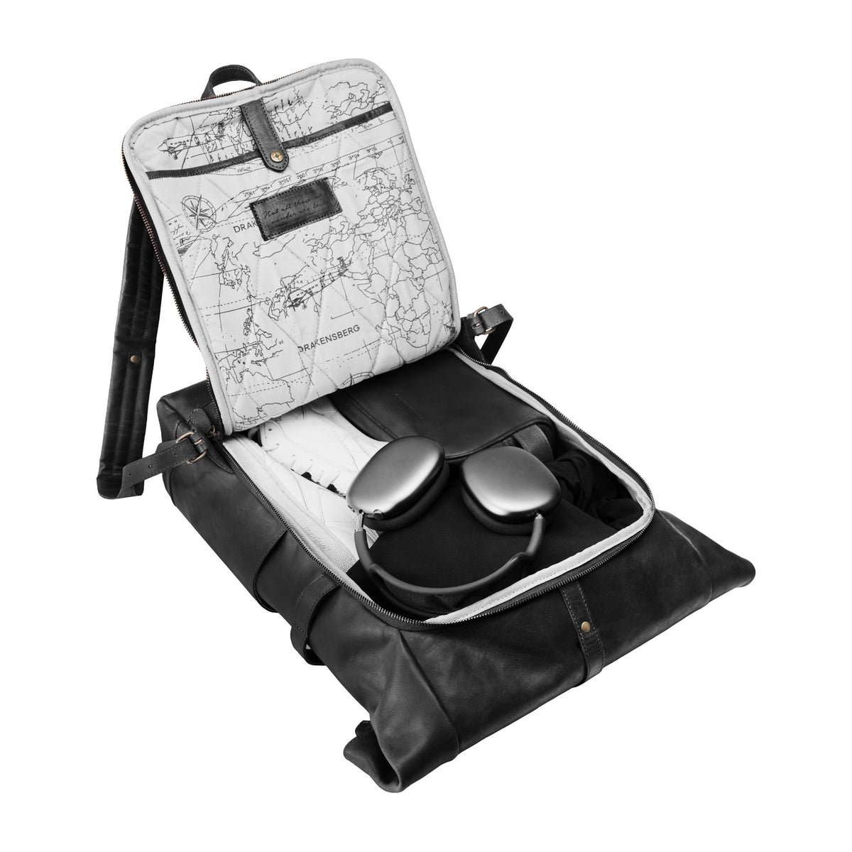 Arthur leather laptop backpack in Vintage Black – clamshell opening with packed main compartment