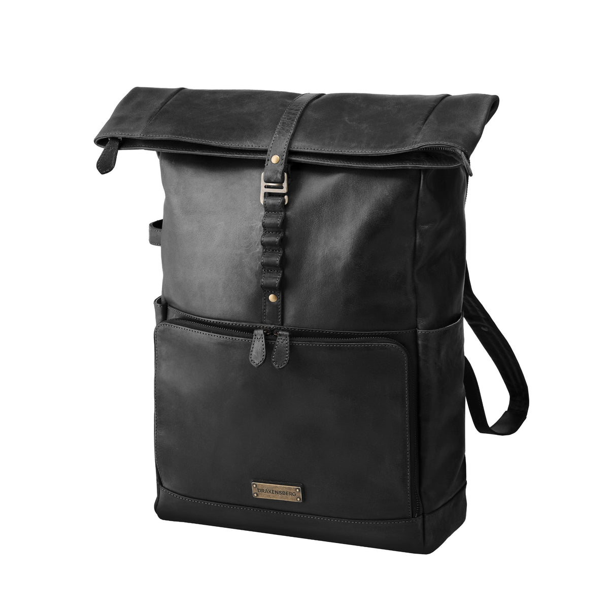Arthur leather laptop backpack in Vintage Black – three-quarter view with rolltop and front pocket