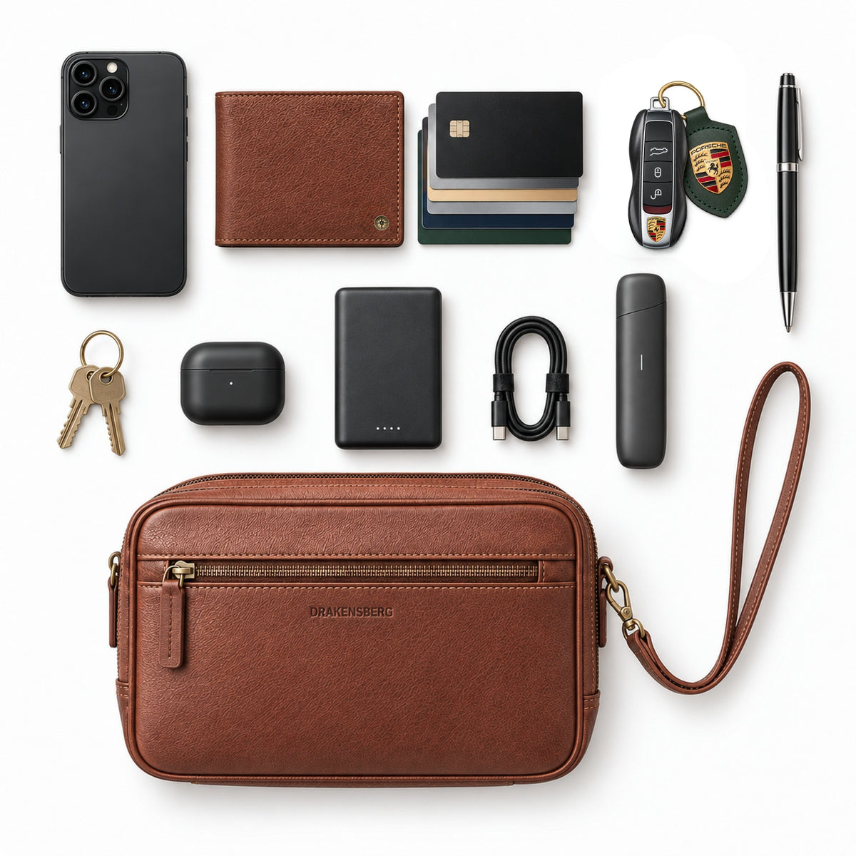 Contenu de la pochette Roberto avec essentiels de voyage et du quotidien