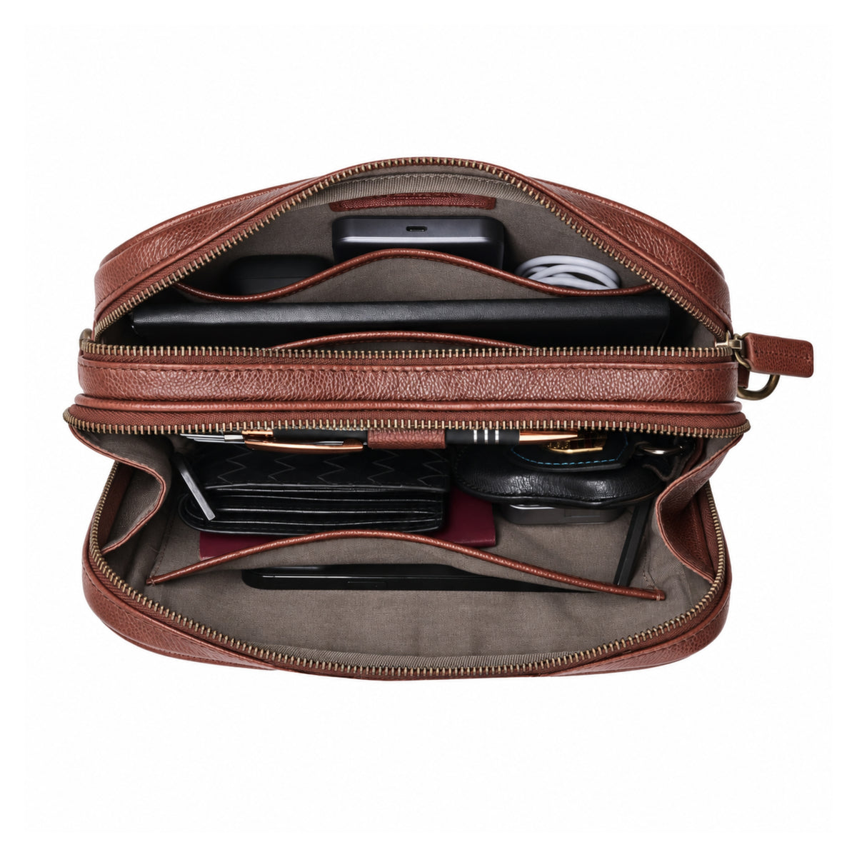 Pochette Roberto Marron châtaigne ouverte avec rangements organisés