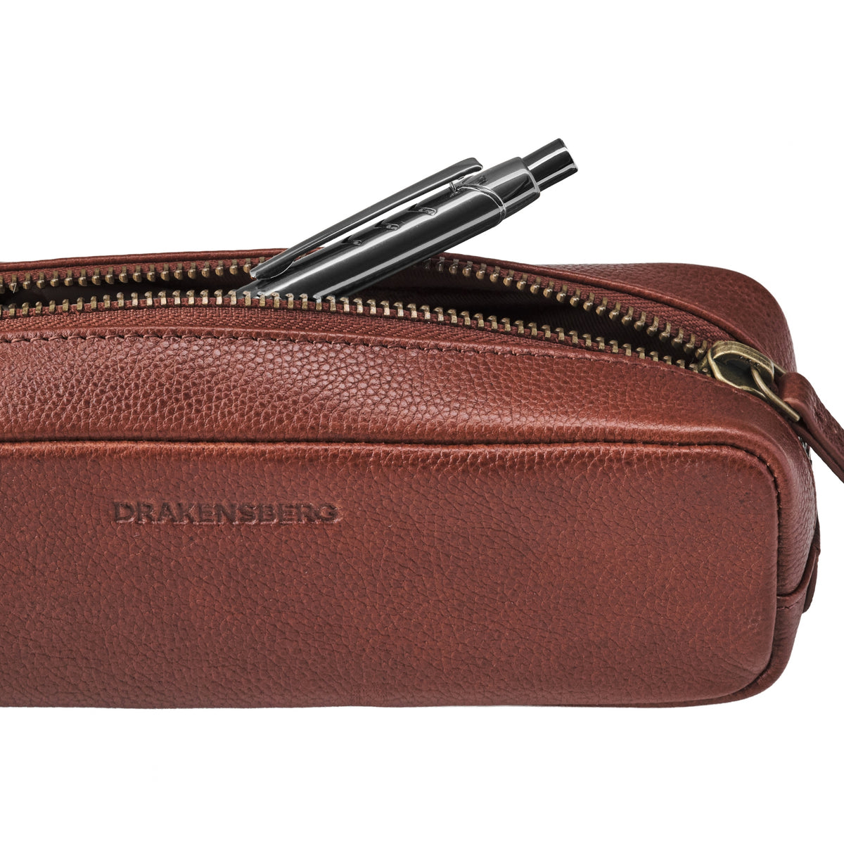 Nino leather pencil case in chestnut-brown cowhide with a pen