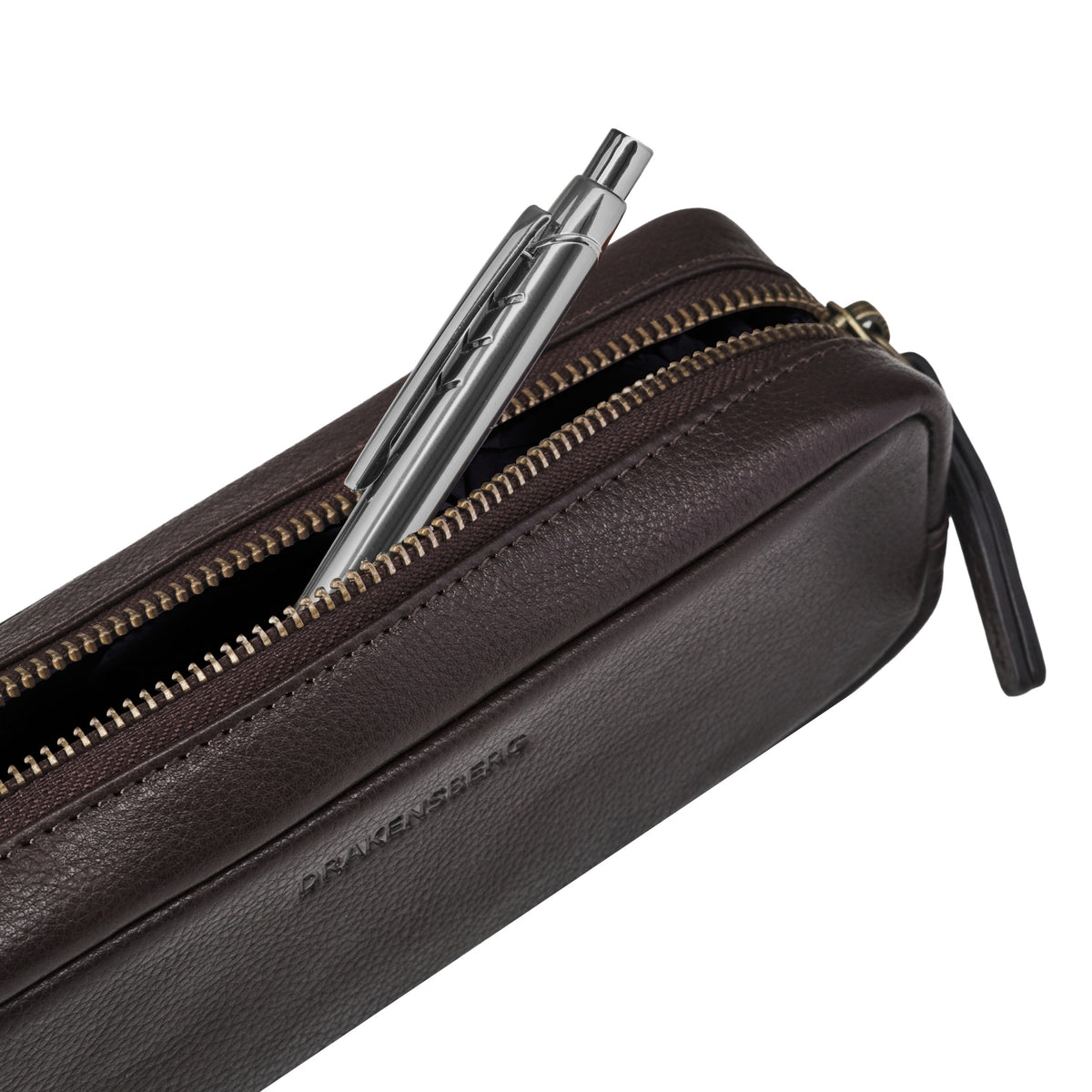 Nino leather pencil case in chocolate-brown cowhide with a pen