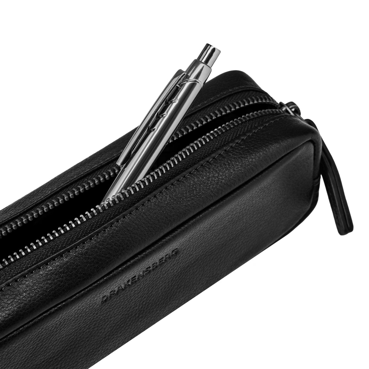 Nino leather pencil case in black cowhide with a pen