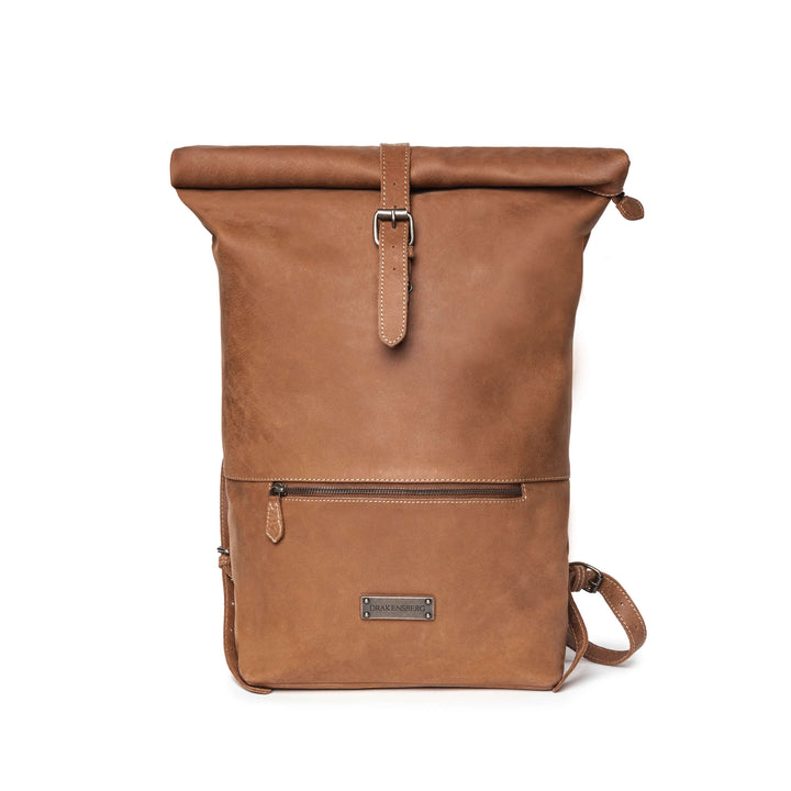 Ryan leather rolltop backpack in Havana Brown – front view with rolltop