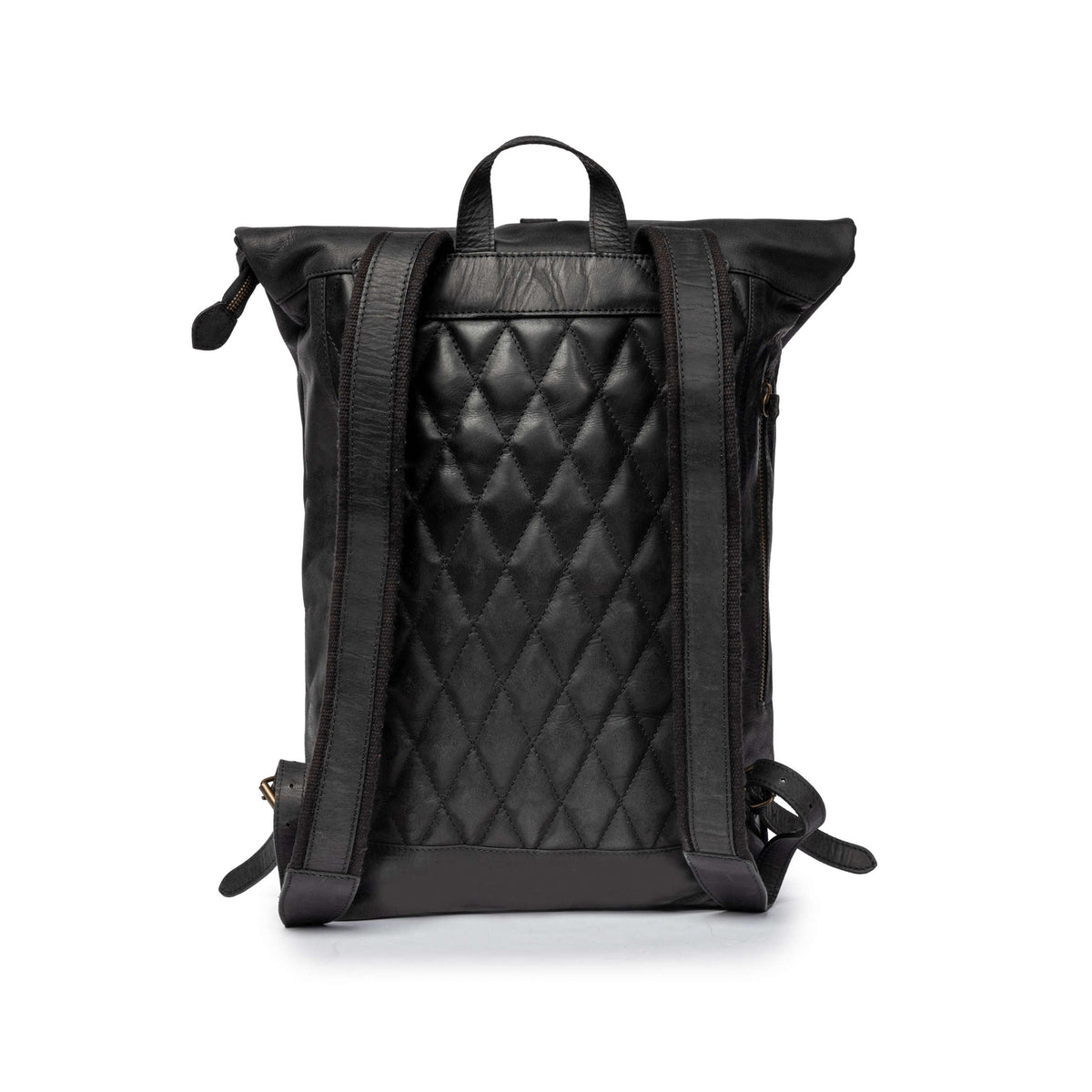 Ryan leather rolltop backpack in Vintage Black – padded back with Diamond-Stitch quilting