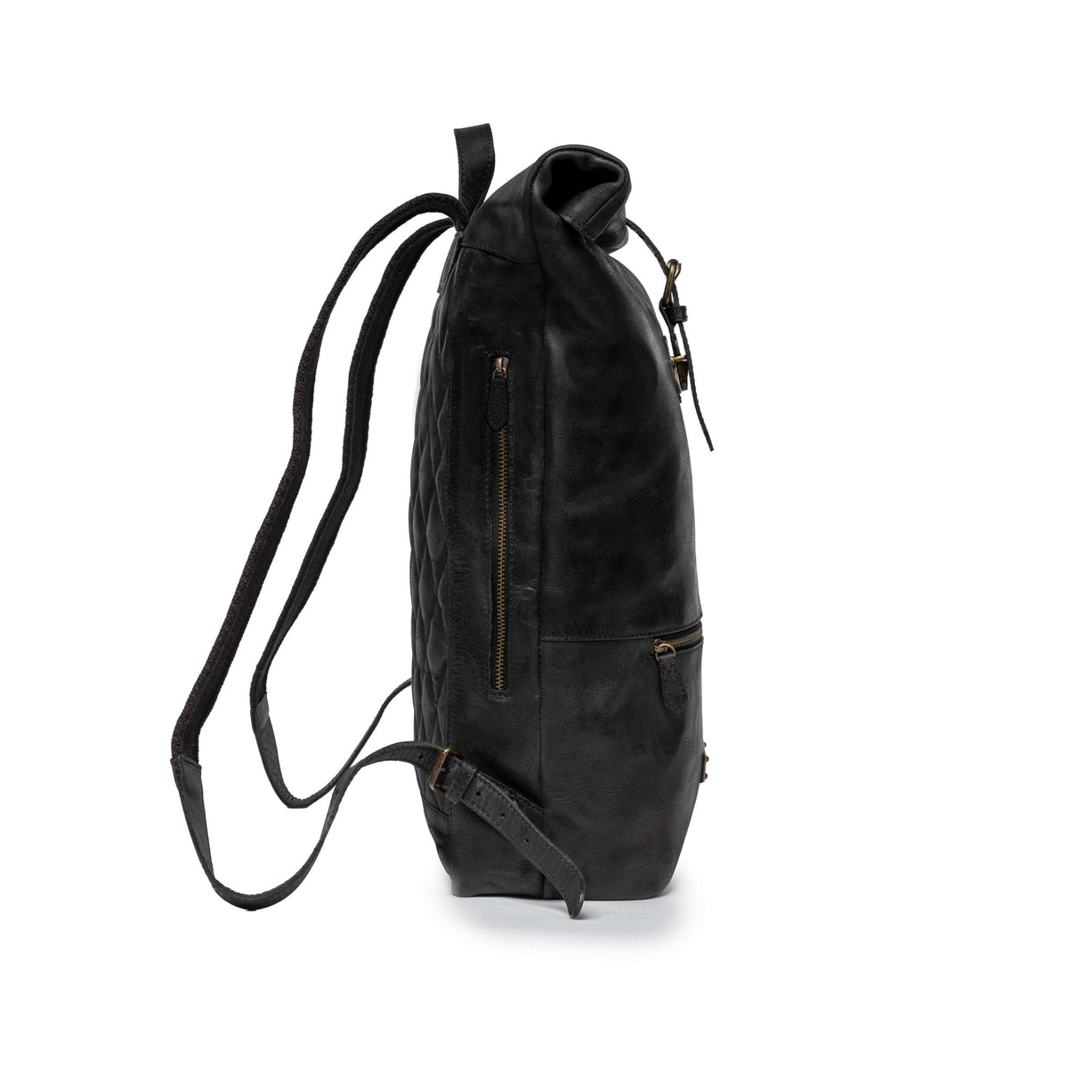 Ryan leather rolltop backpack in Vintage Black – side view