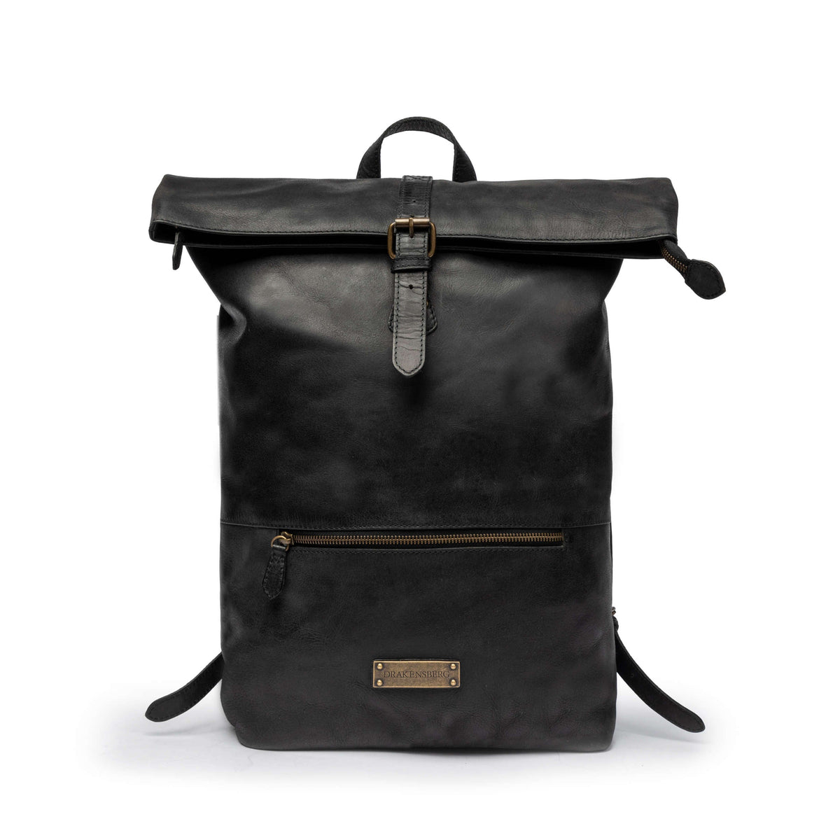 Ryan leather rolltop backpack in Vintage Black – front view with rolltop