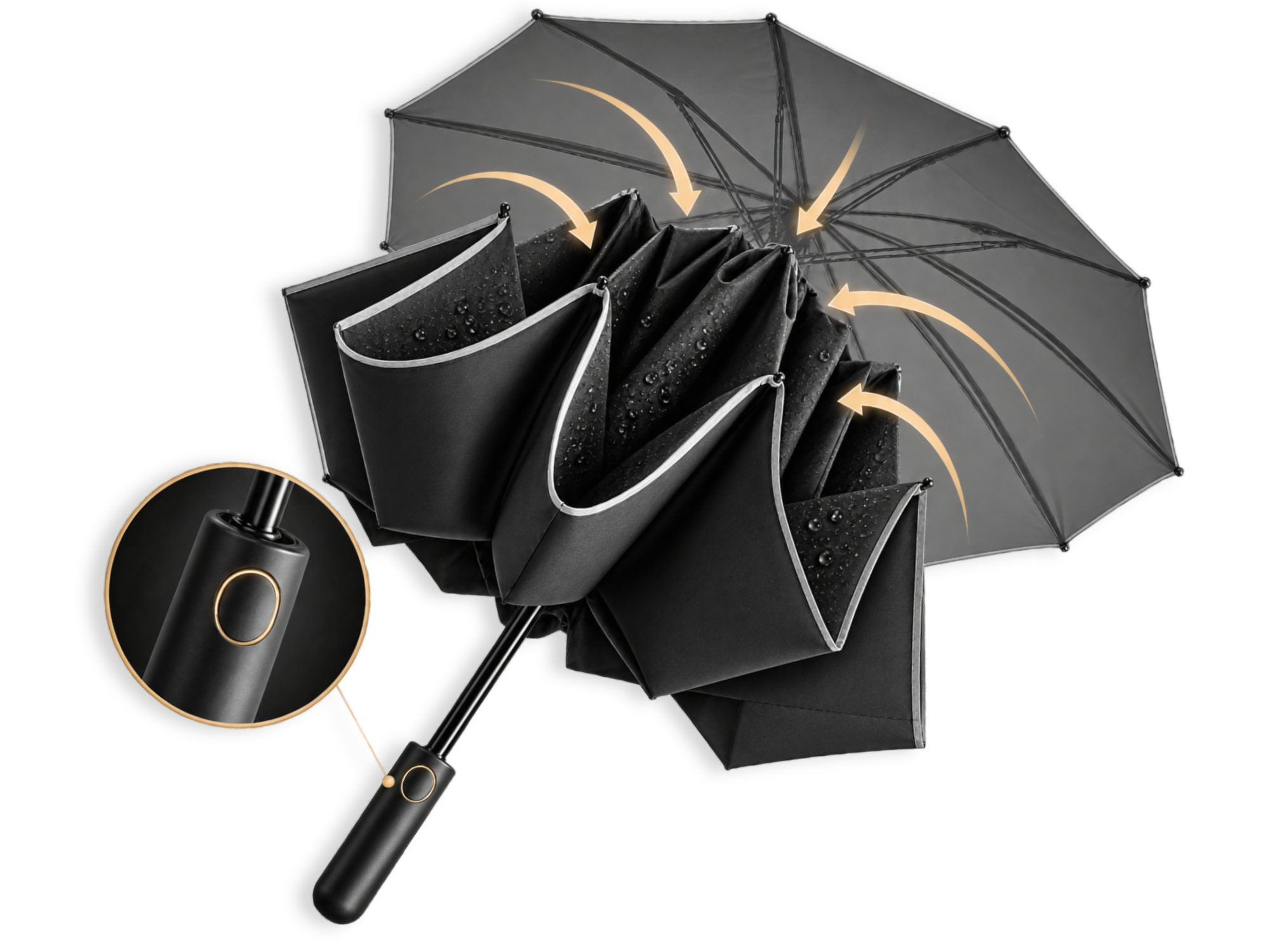 Automatik-Regenschirm Nimbus beim Schließen per Knopfdruck mit nasser Außenseite nach innen