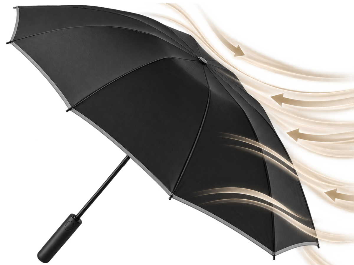 Schwarzer Automatik-Regenschirm Nimbus mit Windströmung als Darstellung der Windstabilität