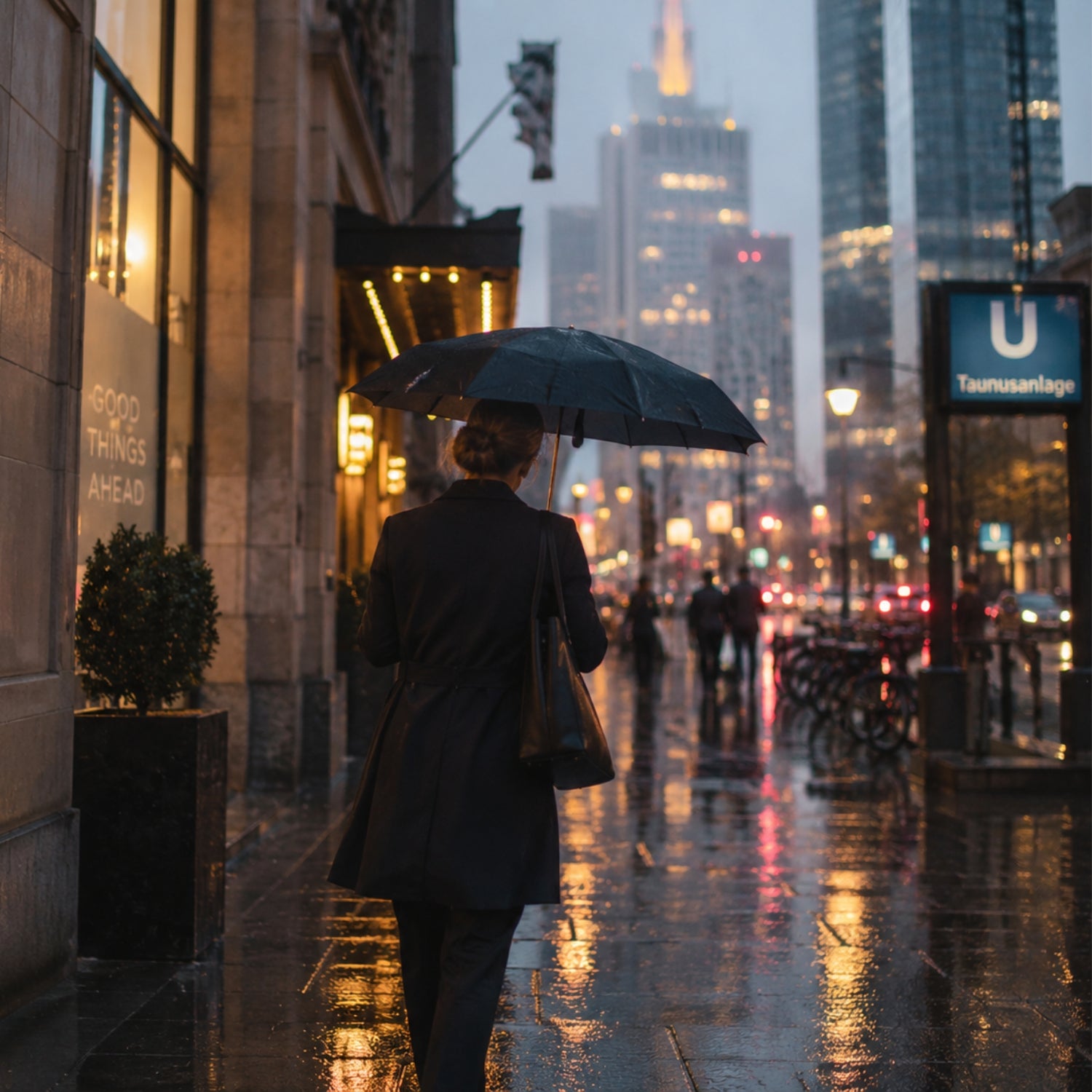 Business-Person mit schwarzem Regenschirm auf einer regennassen Straße in Frankfurt