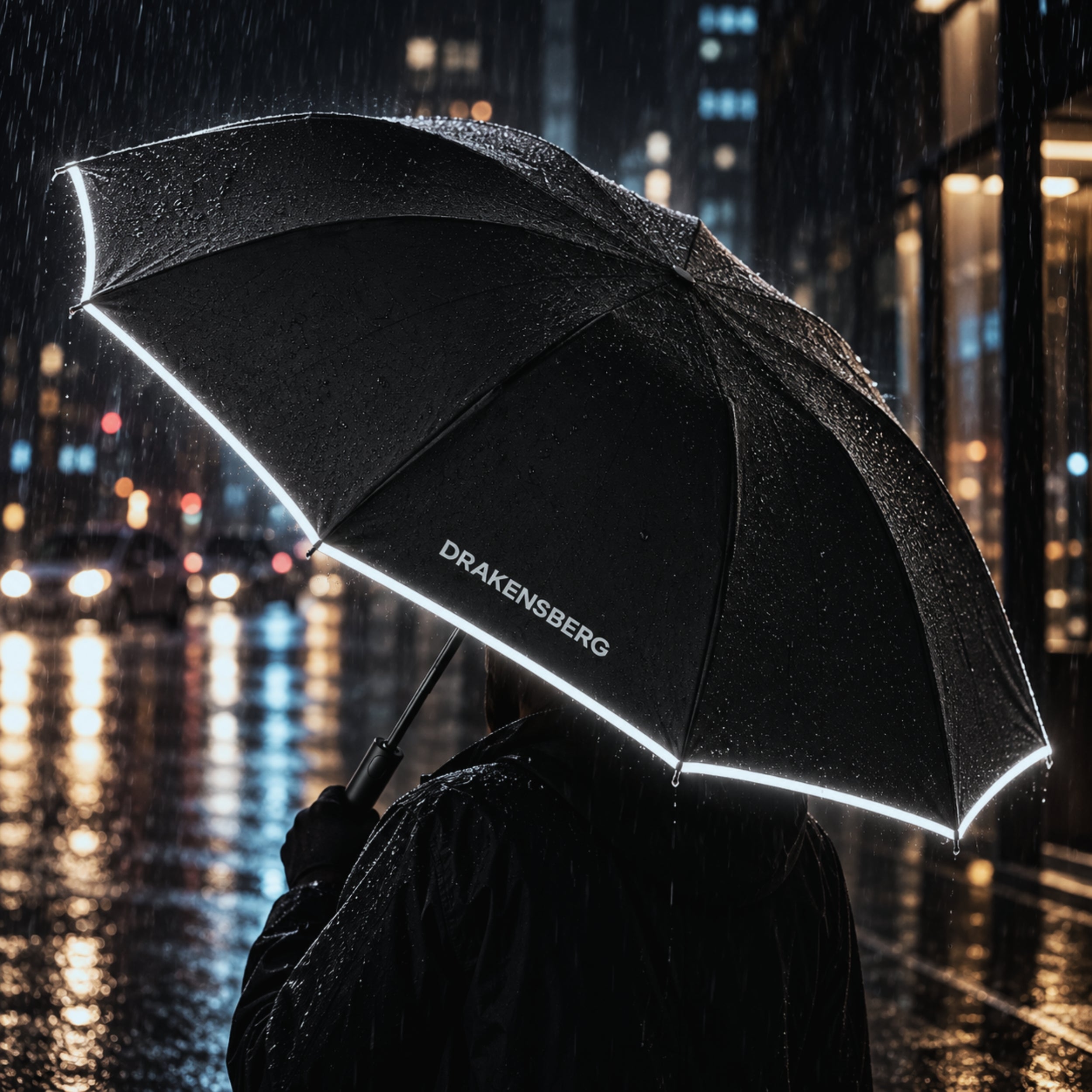Parapluie automatique noir Nimbus avec bord réfléchissant sous la pluie en ville