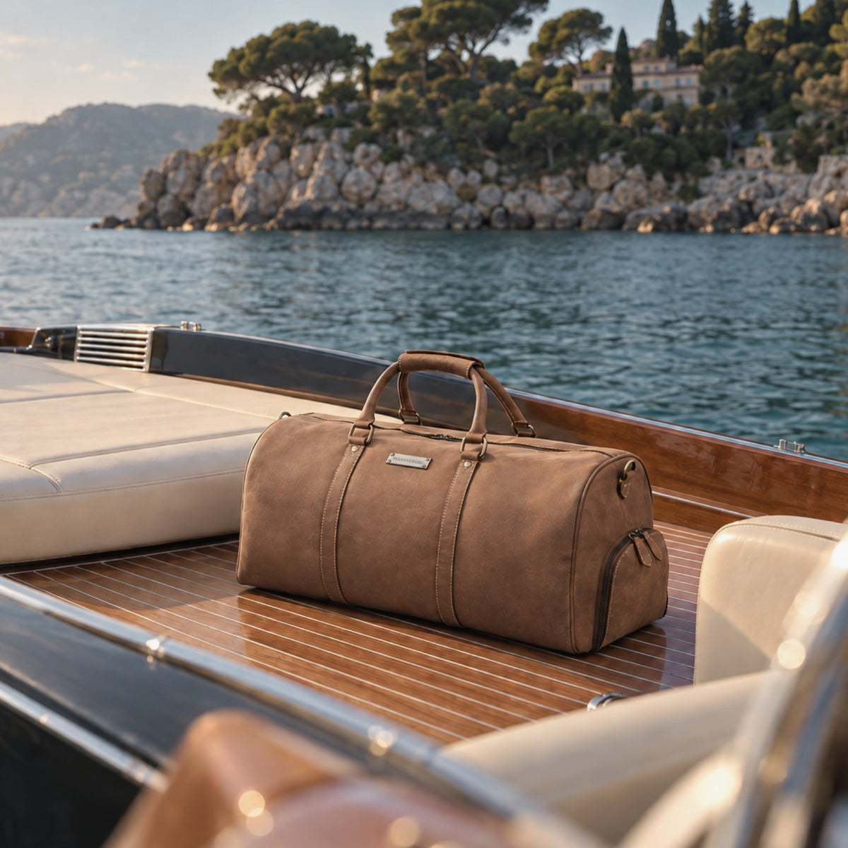 Leder-Reisetasche Finn auf dem Teakholzdeck einer Yacht
