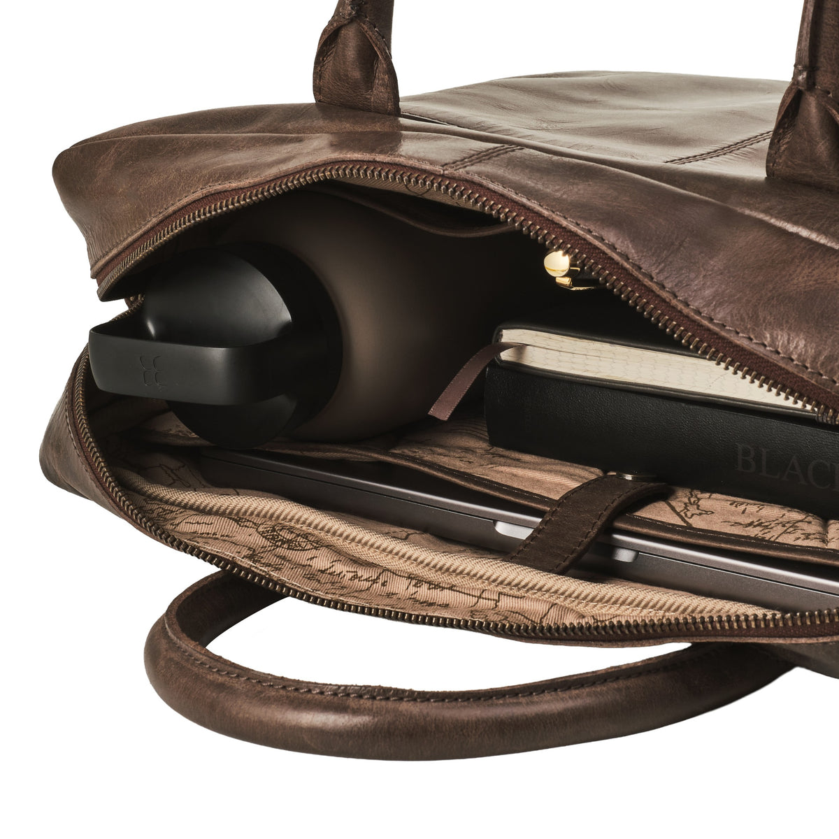 Hugo leather briefcase in Coffee Brown – interior with laptop compartment and accessories