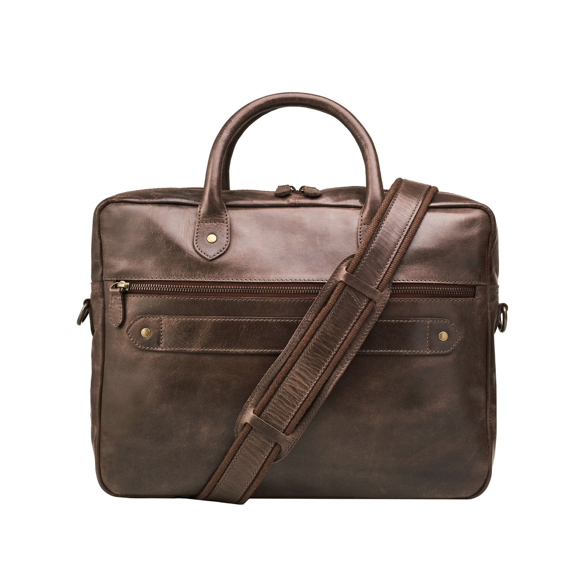 Hugo leather briefcase in Coffee Brown – rear view with shoulder strap and trolley sleeve