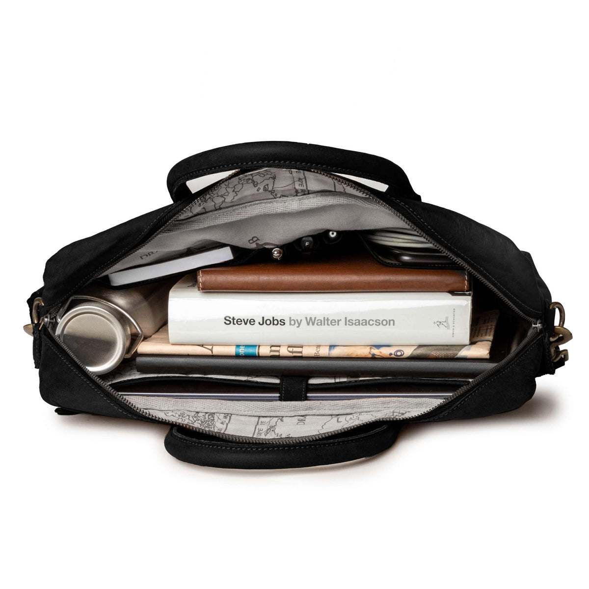 Hugo leather briefcase in Vintage Black – open, showing the laptop compartment and internal pockets