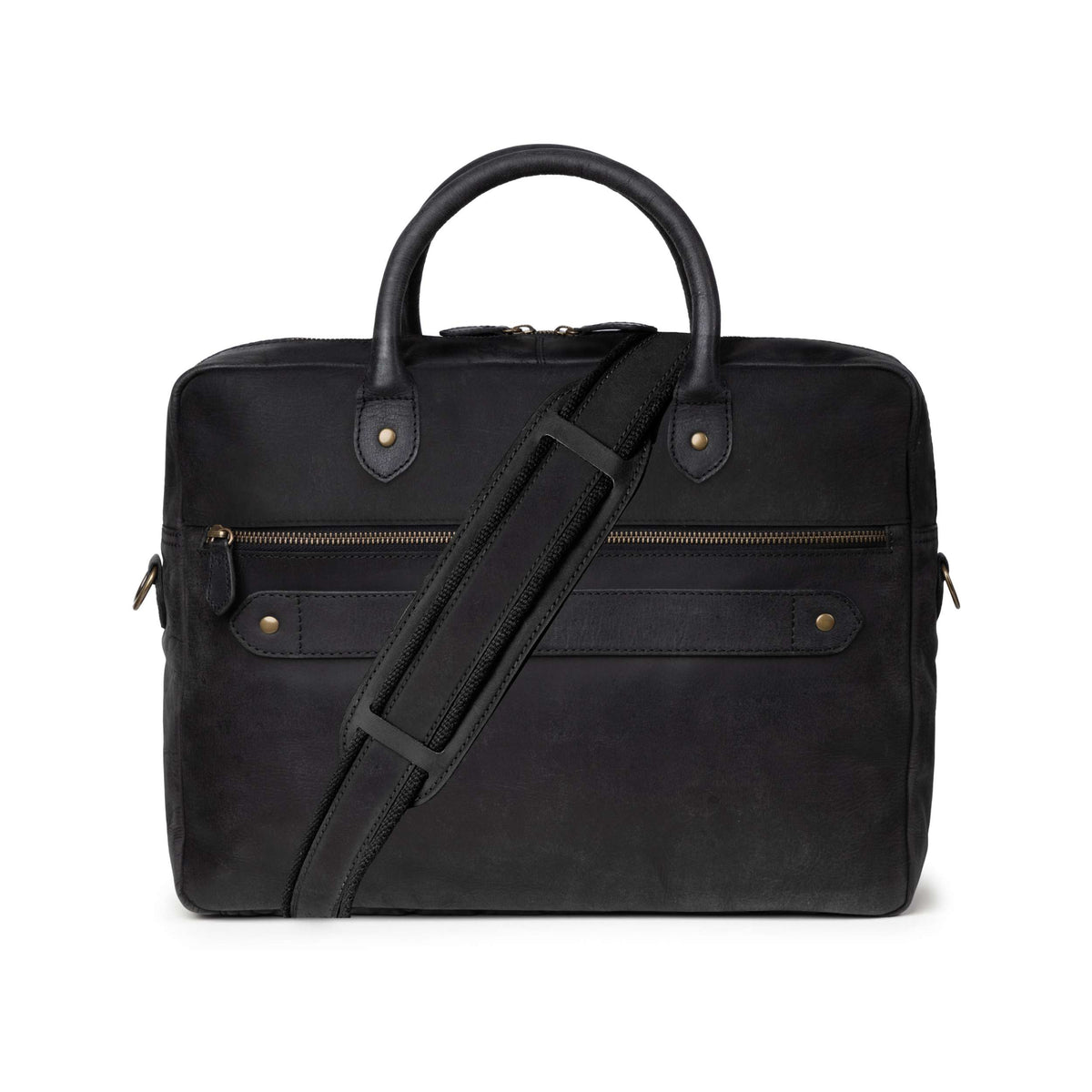 Hugo leather briefcase in Vintage Black – rear view with shoulder strap and trolley sleeve