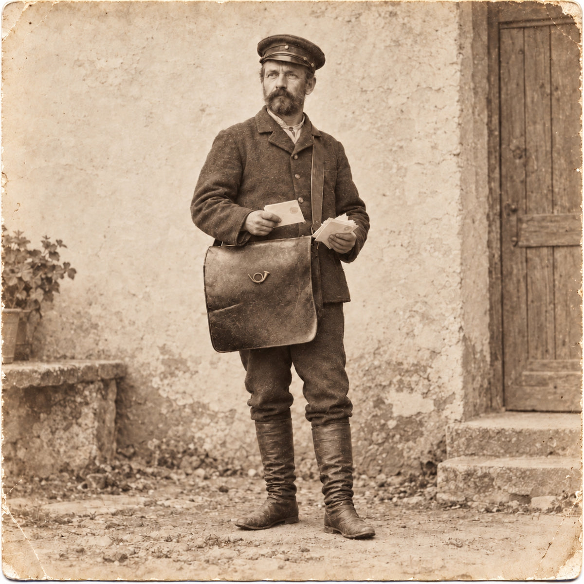 Historisch inspirierte Darstellung eines Briefträgers mit lederner Posttasche